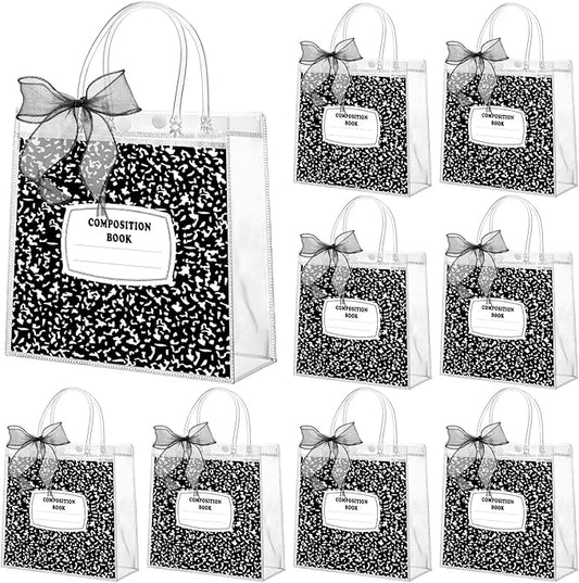 Motipuns 24 Pcs Clear PVC Gift Bags with Handles and Ribbon Party Favor Reusable Plastic Goodie Candy Treat Bags for Birthday Party Supplies(Workbook)