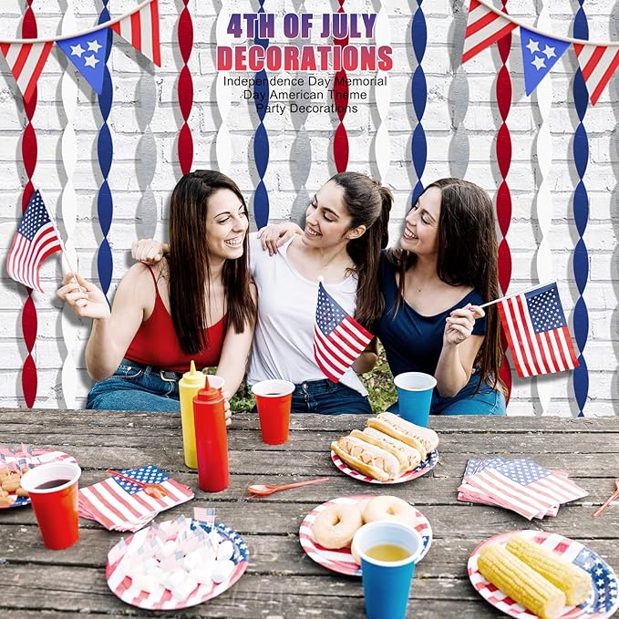AOYOO Patriotic Crepe Paper Streamers with Tassels - 8 Rolls Red White Blue Decoration Kit for Independence Day, 4th of July, Memorial Day, USA Theme Party Supplies