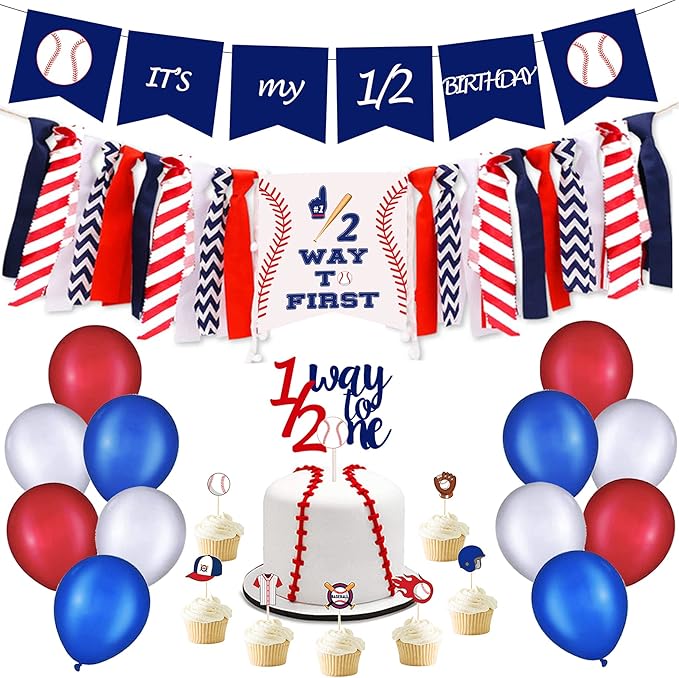 Baseball Half Birthday Kit - Baseball Half Way to One Highchair Banner, 1/2 Way to One Cake Topper for Boy 1/2 Half Year Baby Shower Party Supplies