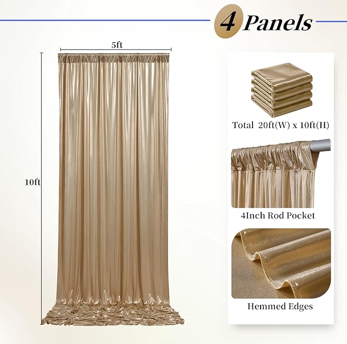 20ftx10ft Champagne Sequin Backdrop Curtain for Parties, Wrinkle Free Thick Glitter Sparkle Photo Backdrop Drapes 4 Panels 5x10FT Shimmer Back Drop Cloth for Wedding Birthday Photography Background
