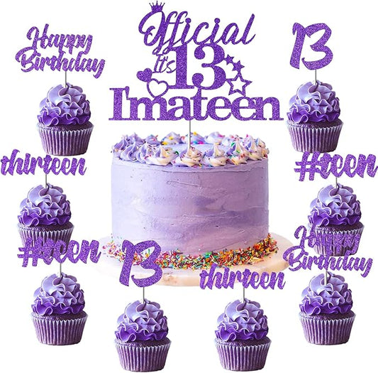 Glitter Purple 13th Cake Decorations - Official 13 I'm a Teen Cake Topper with 24 Pack Cupcake Toppers for Teenager Girl Thirteen Birthday Party Supplies