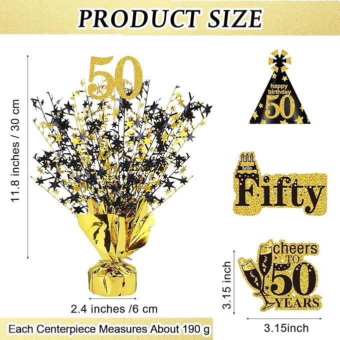 Tatuo 4 Pcs Metallic Foil Spray Centerpiece Happy 30th 40th 50th 60th Years Centerpiece Table Decorations for Black and Gold Birthday Anniversary Wedding Party Table Decor(50th Birthday)