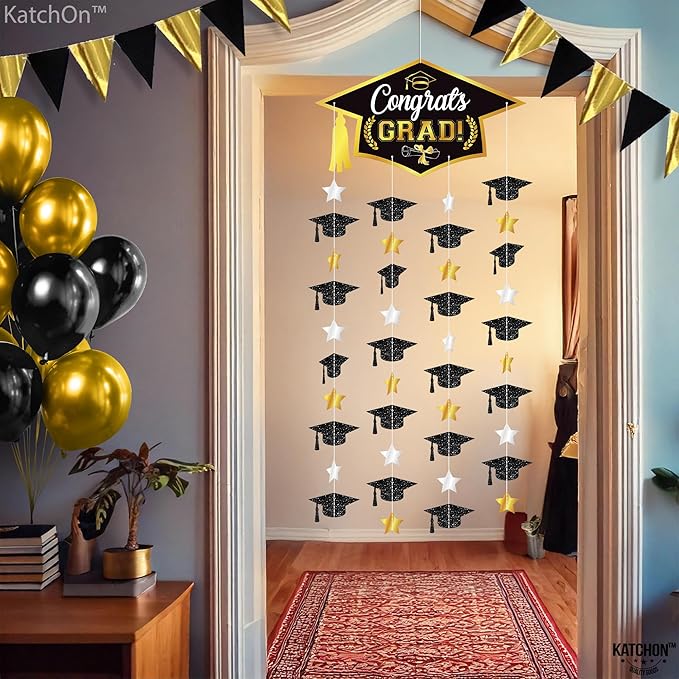 Graduation Decorations 2026, Black and Gold Graduation Cap Garland - Pack Of 2, No DIY | Congrats Grad Garlands for Graduation Cap Decoration | Graduation Party Decorations 2026, KatchOn