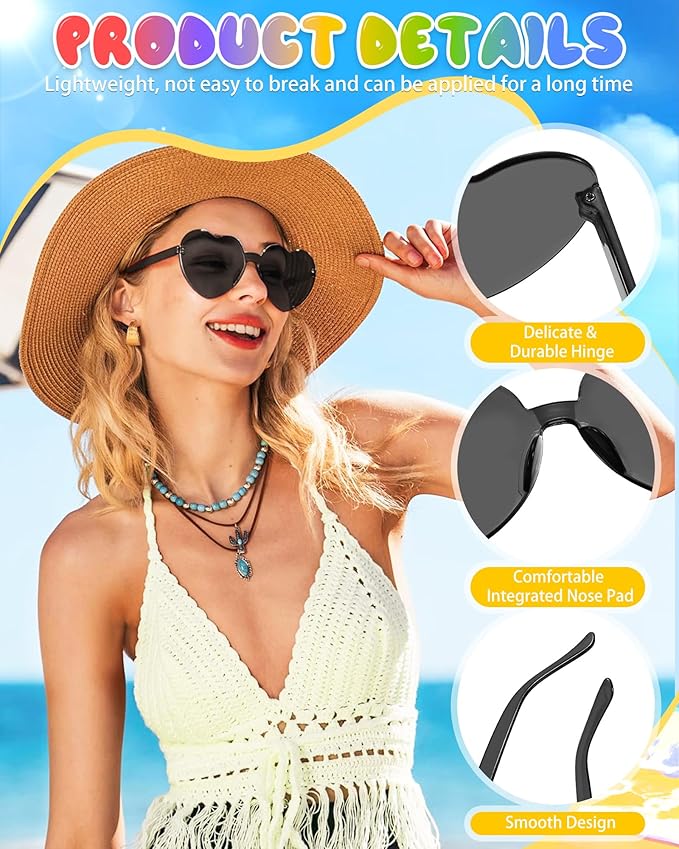 12 Pairs Heart Shaped Sunglasses Candy Color Rimless Fun Heart Glasses for Women Party Favors