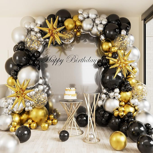 Black Gold Balloons Arch Garland Kit-Metallic Silver Balloon Chrome Latex Gold Explosion Star Foil Balloon 127Pcs for Birthday,Graduation,Gender Reveal,Baby Shower Party Decorations.