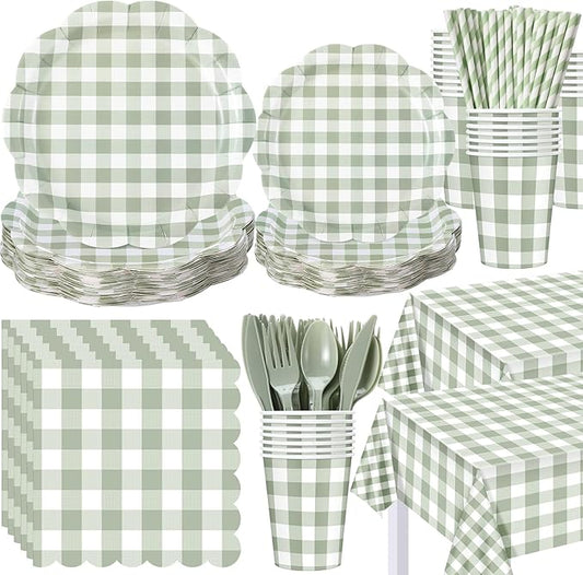 Funnymoom 452 Pcs Pink Gingham Party Supplies for 50 Guests, Green and White Checkered Paper Plates Napkins Cups Tablecloth Cutlery Straws for BBQ Picnic Birthday Baby Shower Wedding Party Decoration