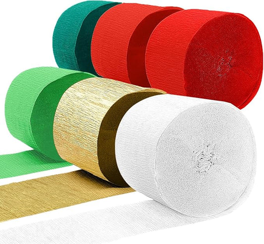 Crepe Paper Streamers 6 Rolls 492ft, Crepe Paper Christmas Decorations Red Green White Gold Party Streamers for DIY Gift Wrapping Birthday Party Decor, 1.77 Inch x 82 Ft/Roll
