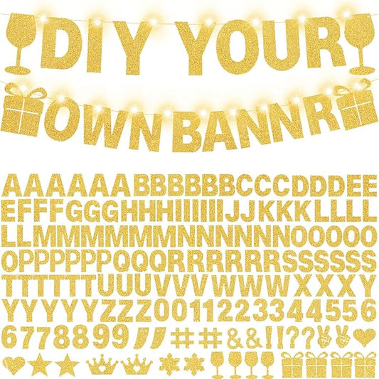 175Pcs DIY Glitter Customizable Banner Kit Custom Banner Happy Birthday Personalized Letter Banners Decor for Christmas Baby Shower Birthday Party Decorations Supplies(Glitter Gold）