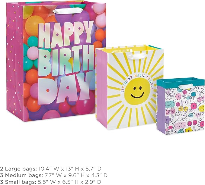 Hallmark Assorted Birthday Gift Bags (8 Bags: 3 Small 6", 3 Medium 9", 2 Large 13") Smiling Sun, Balloons, Cute Flowers and Plants
