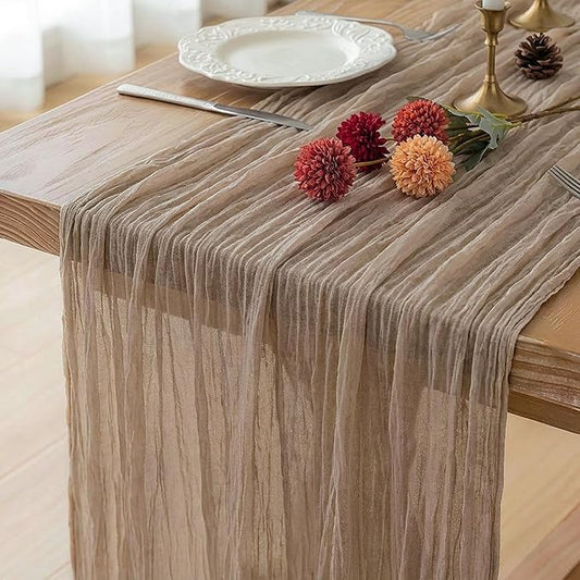 FEXIA Sand Cheesecloth Table Runner 35x120 Inches Spring Easter Nude Gauze Table Runner for Bridal Shower Wedding Party First Communion Centerpiece Engagement Boho Table Decoration