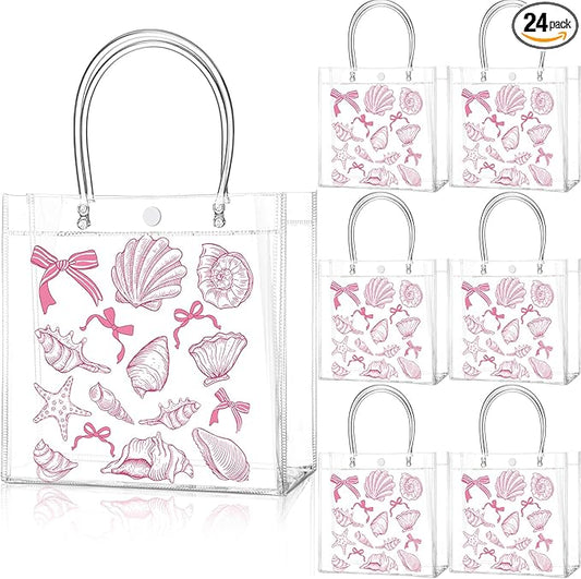 Teenyyou 24 Pcs Pink Ocean Seashell Beach Gift Bags with Handles Starfish Shell PVC Gift Bags Candy Treat Tote Party Favor for Birthday Party Supplies