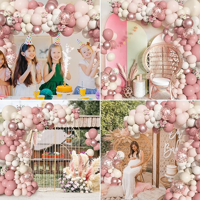 Ouddy Life 156Pcs Boho Blush Pink Balloons Arch Garland Kit, Retro Dusty Pink Mother's Day Balloons Nude Rose Gold Confetti for Girls Baby Shower Weddings Birthday Bachelorette Party Decorations