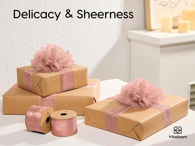 Vitalizart Pink Organza Ribbon 1.5" x 30 Yd Rose Gold Sheer Ribbons for Gift Wrapping Crafts Christmas Party Decor Bows Wedding Invitations Wreaths Bouquet
