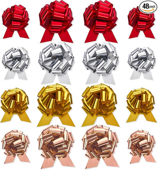 UNIQOOO Assorted Gift Wrap Pull Bow Set of 48, Medium 4'' Large 6'', Bulk for Gift Wrapping Basket Box Bag Décor, Valentines Day Wedding Birthday Christmas Anniversary, Metallic Rose Gold Red Sliver