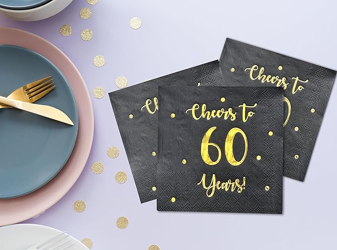 Cheers to 60 Years Cocktail Napkins | Happy 60th Birthday Decorations for Men and Women and Wedding Anniversary Party Decorations | 50-Pack 3-Ply Napkins | 5 x 5 inch folded (Black)