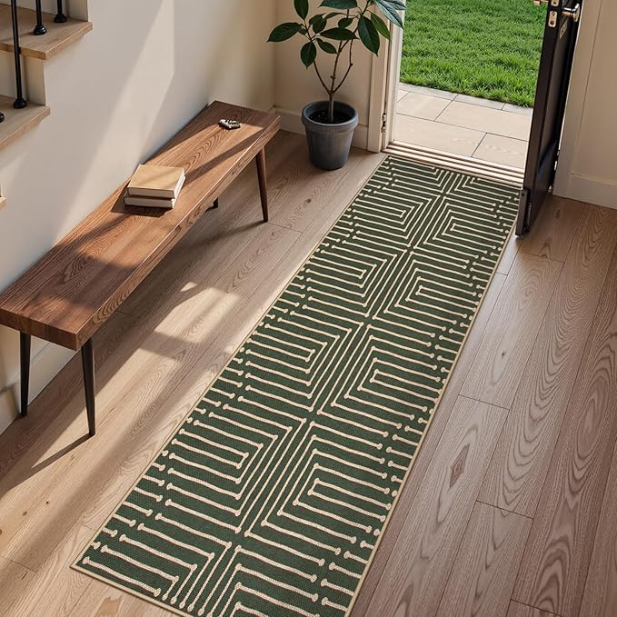 Lahome Maze Lines Easy Jute Kitchen Runner Rug, 2x8 Washable Hallway Runner Rug, Non Slip Green Indoor Outdoor Rugs for Entryway, Nature Front Door Carpet for Laundry Entry