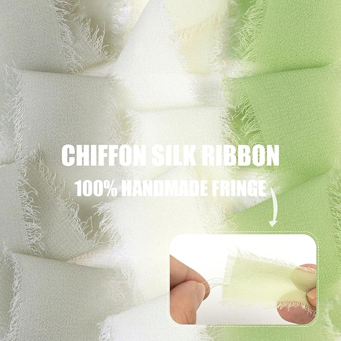 Sage Green Chiffon Ribbon 1 Inch x 21Yds Handmade Fringe Chiffon Silk Ribbon Sage Green/Desert Sage/Cream Frayed Chiffon Ribbon for Wedding Invitation Flower Bouquets Bridal Shower Gift Wrapping