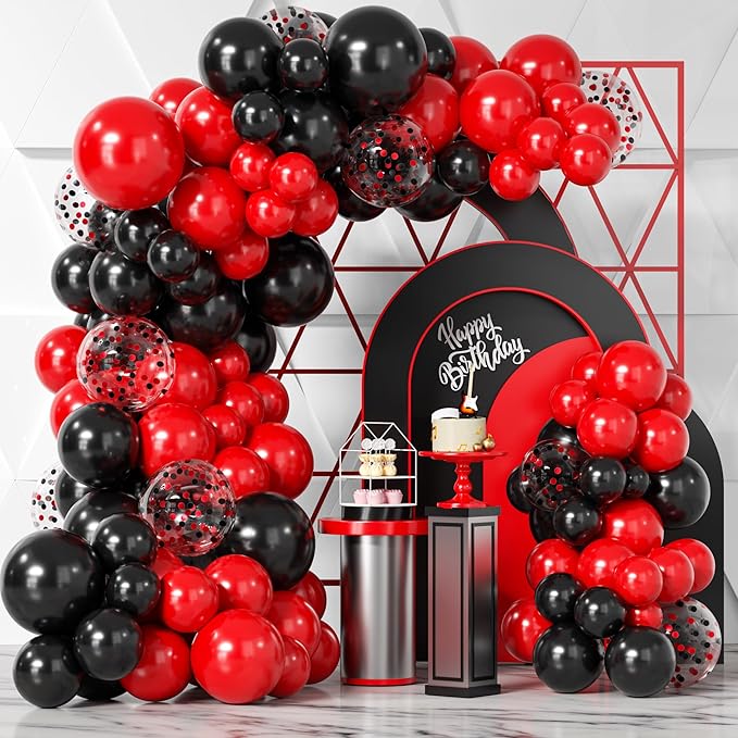 Bezente Red Black Balloons Garland Kit,100Pcs Black Red Balloons and Red Black Confetti Balloons Arch for Wedding Birthday Graduation BBQ Casino Party Prom Party Arch Decoration