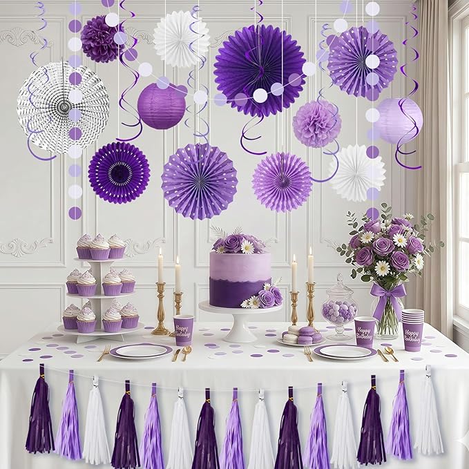 MEIDUO 34 Pcs Purple Decorations for Party, Hanging Paper Lanterns Fans Pom Poms Set, Purple and White Graduation Decorations, Lavender Birthday Decorations for Women Girls