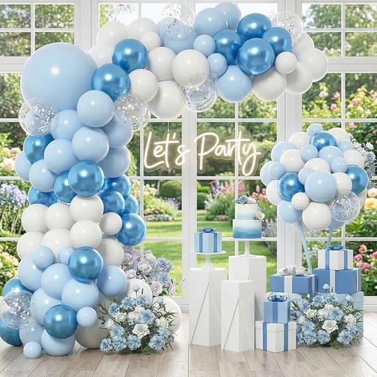 KARLURE Blue Balloon Arch Kit Garland, Baby Blue Balloons White Silver Confetti Balloons for Boy Baby Shower Decorations Birthday Gender Reveal Bridal Shower Wedding Graduation Ocean Party Decorations