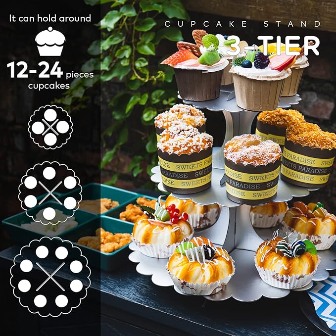 3-Tier Silver Matte Cupcake Stand 2 Pack, Cardboard Dessert Display for Weddings, Parties Events, Easy to Assemble Tiered Cake Stand