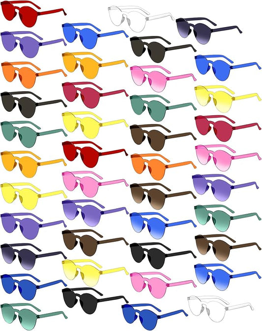Konohan 42 Pairs Rimless Colored Sunglasses Bulk Colorful Glasses Frameless Fun Party Sunglasses Round Candy Colored Tinted Eyewear Retro Eyeglasses for Women Men Birthday Party Favor, 21 Colors