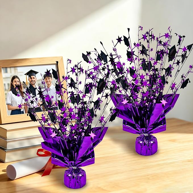 6 Packs Graduation Decorations Centerpieces for Tables Metallic Foil Star Graduate Cap Burst Tabletop Display in Purple and Black for Grad Ceremonies Celebrations Party Decor Supplies 12 (Purple)
