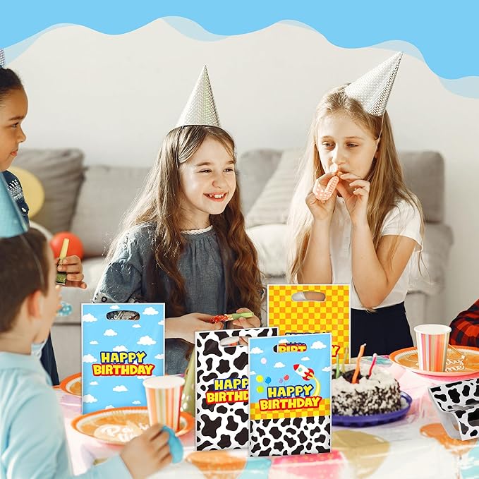 Bsenhe 60PCS Cartoon Goodie Bags, Cartoon Birthday Party Favor Gift Bags Blue Sky White Cloud Cow Plastic Candy Bags for Themed Party with Handle
