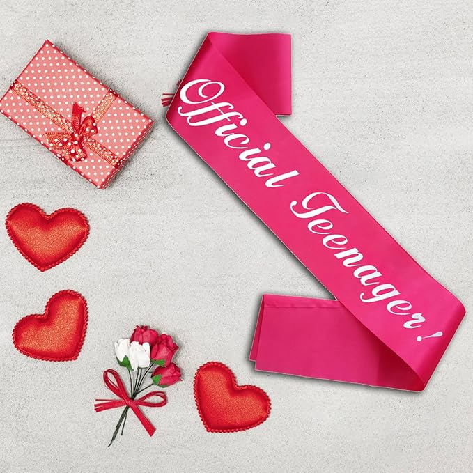 Official Teenager Sash, Silver Foil 'Official Teenager' Pink Birthday Sash for Girl 13th Birthday Party Decorations Gifts Favors