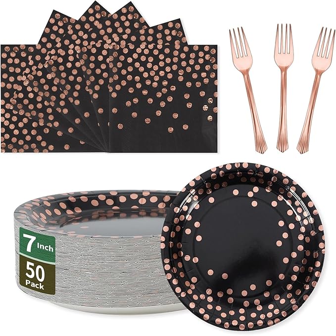 Black and Rose Gold Paper Tableware Set-150PCS-50 x 7''Dessert Plates & 50 x 6.5''Napkins & 50 x 7.3''Forks,Disposable Party Paper Plates and Napkins Supplies for Birthday,Anniversary,Retirement