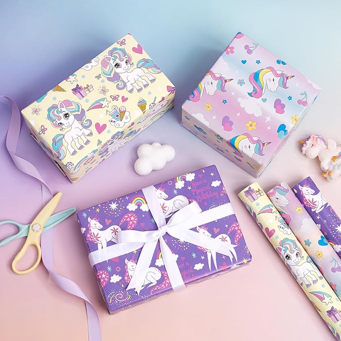 WRAPAHOLIC Unicorn Birthday Wrapping Paper Roll - 3 Short Roll - Rainbow Unicorn Wrapping Paper for Kids Boys Girls Birthday, Baby Shower - 17 Inch x 120 Inch Per roll