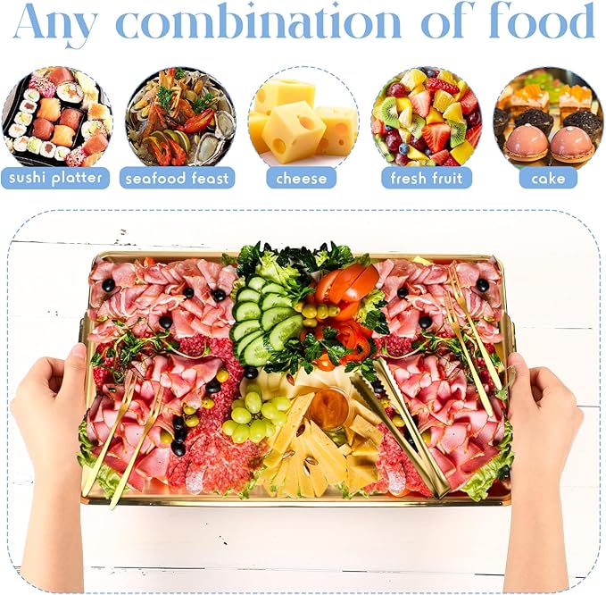 Baderke 4 Set 16" x 9.45" Chilled Serving Tray for Parties with Compartments Ice Chilled Party Platter Charcuterie Serving Board with Forks Tongs for Fruit Seafood Vegetable Appetizer (Gold)