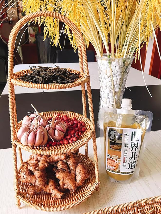 Landtom 3 Tiered Rattan Serving Stand | Serving Tray for Party | Round Wooden Platter for Cupcakes,Fruits,Dessert,Tea,Dried Fruit,Candy Or Snack (Wood 3 Tier-A)