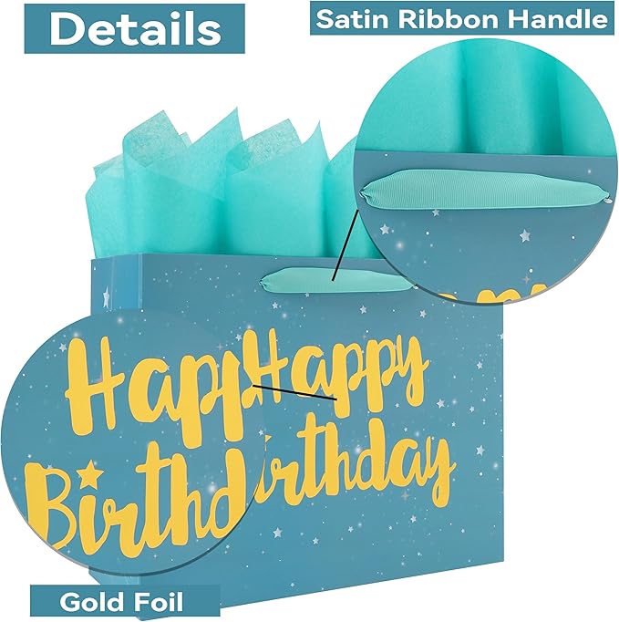 Qirrmiy 13” Large Green Happy Birthday Gift Bag Set with Handles, Greeting Card, Tissue Papers and Stickers for Women Men Boys Girls Kids, Stars Design, 1 Pcs.