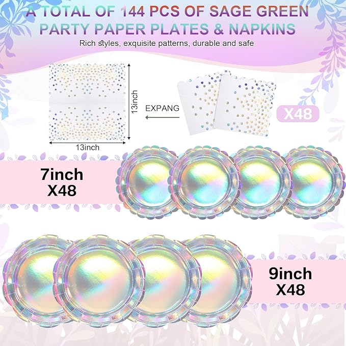 144 Pcs 48 Guests Iridescent Party Plates and Napkins Iridescent Disposable Rainbow Holographic Paper Plates and Napkins for Mermaid Bridal Shower Wedding Birthday Decorations Party Supplies