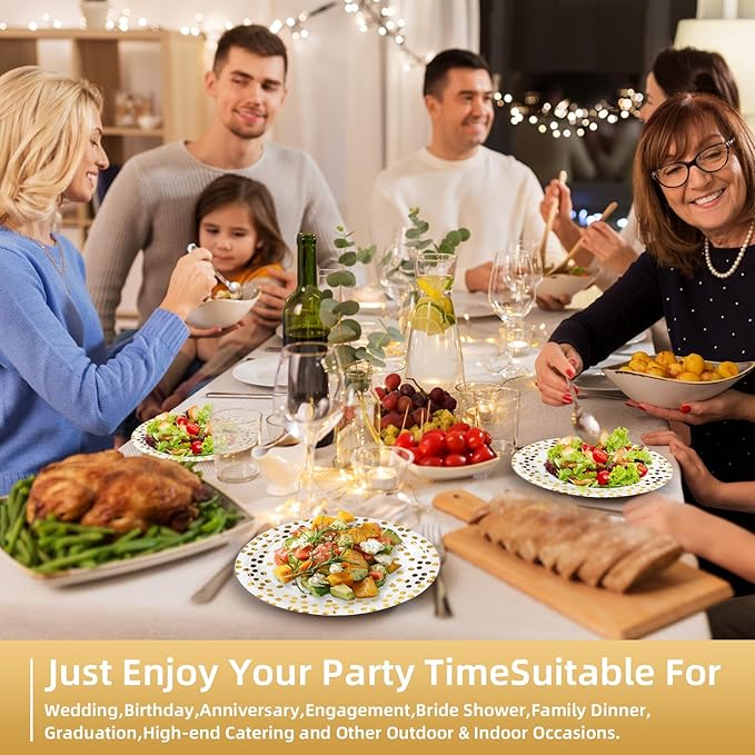 White and Gold Paper Plates and Napkins Party Supplies-50 x 7'' Dessert Plates & 50 x 6.5''Napkins & 50 x 7.3''Forks,Disposable Paper Tableware Set for Birthday,Wedding,All Occasions