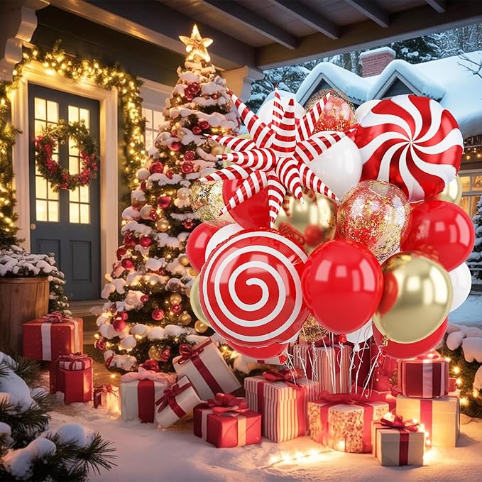 Red and Gold Christmas Balloon Set, 12 Inch Matte Red Metallic Gold Confetti White Latex Balloons with Exploding Star Candy Swirl Lollipop Foil Balloon for Xmas Birthday Baby Shower Party Decorations