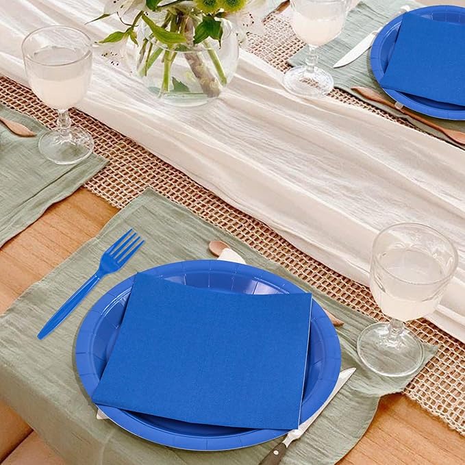 100PCS Blue Paper Plates Disposable Party Tableware Set Includes 7in & 9in Paper Plates Napkins and Forks Party Decoration Supplies for Birthday Graduation Wedding and Holiday, Serve 25