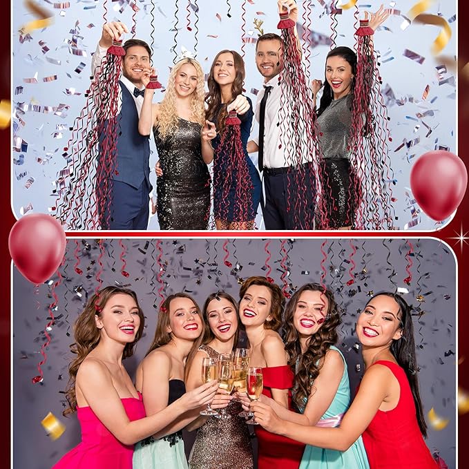 WinnerWhy 30 Pcs No Mess Confetti Poppers Hand Throw Streamers Party Poppers for Graduation 2026 Birthday Celebrations Wedding Engagement Bachelorette Party Supplies(Black and Wine Red)