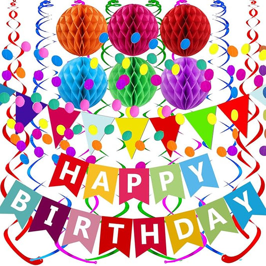 Fecedy Happy Birthday Banner With Colorful Paper Flag Bunting Paper Circle Confetti Garland Swirl Streamers Honeycomb ball for Birthday Party Decorations