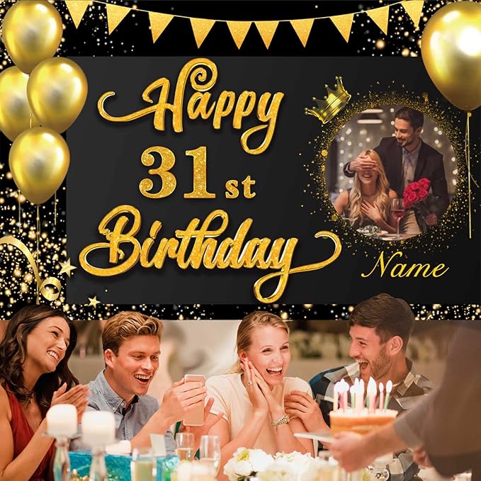 Custom Happy 31st Birthday Banner - 31 Years Old Decorations Backdrop for Women, Men, Boys & Girls - Personalized Party Decorations Supplies - Black & Gold