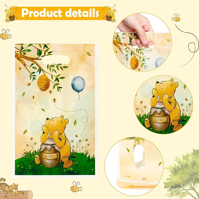 Cute Winnie Party Favor Bags - 50PCS Vintage Winnie Plastic Gift Bags with Handle Cute Winnie Baby Shower Party Favors Gift Bag Winnie Themed Birthday Parties Candy Decoration Bags