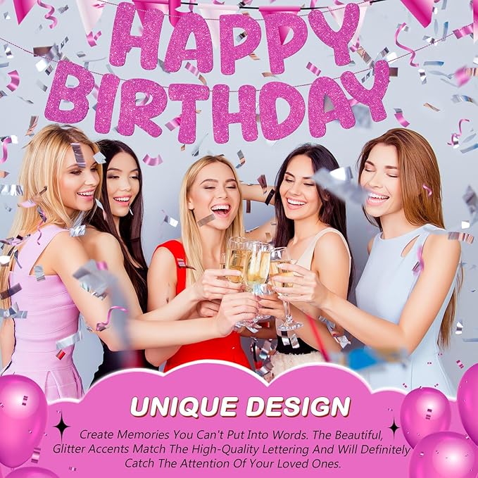 Fulmoon Glitter Pre Strung Happy Birthday Banner No DIY Party Decorations Happy Birthday Sign Decor for Men Women Boy Girls Backdrop(Hot Pink)