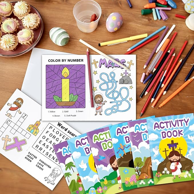 Easter Activity Books for Kids - 24Pcs He is Risen Mini Games Coloring Book Set Bulk Mazes Word Search Word Scramble Games for School Classroom Easter Spring Holiday Reward DIY Art Gifts Party Favors