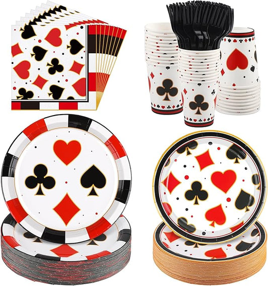 Kochorie 144 Pieces Casino Party Supplies Set, Las Vegas Tableware Sets Including Disposable Plates Napkins Cups Forks Serves 24 for Birthday Poker Events Casino Theme Party Decorations
