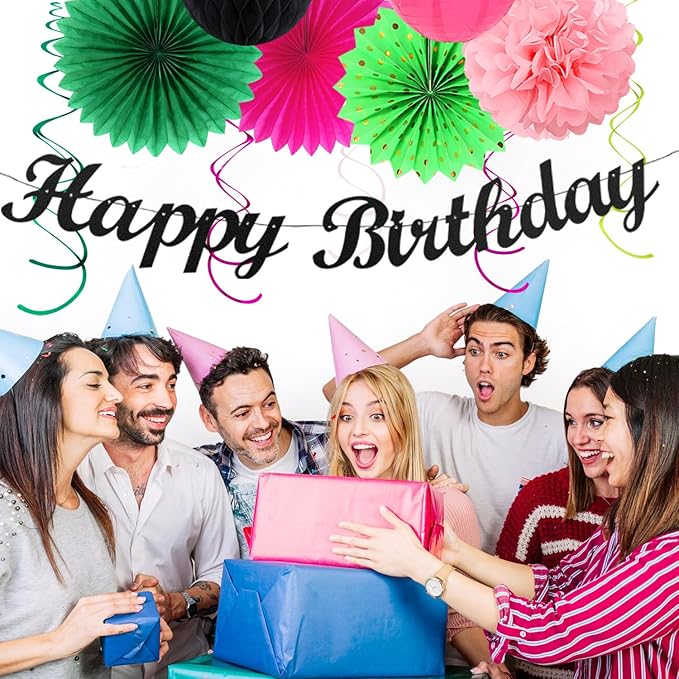 Green Hot-Pink Black Summer-Hawaiian Birthday Decorations - 21pcs Girls Woman Happy Party Banner Garland,Tropical Beach Pool Paper Streamers Lanterns,Flower Tissue Pom Poms Fan Supplies Decor Huglony