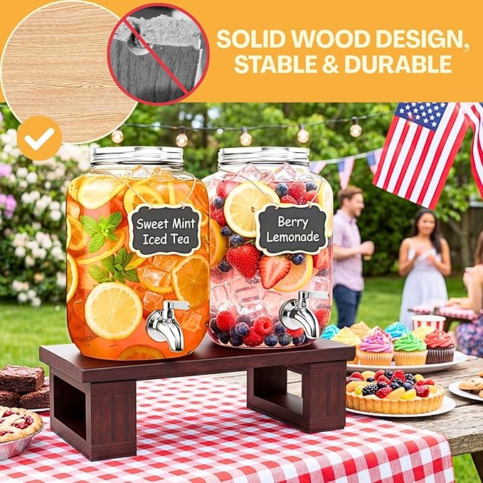 2PCS Large Glass Drink Dispensers for Parties, Glass Beverage Dispenser with Solid Wood Stand, Lemonade Dispenser with Stainless Steel Spigot & Filter for Juice, Sun Tea, Punch, Ideal for Parties