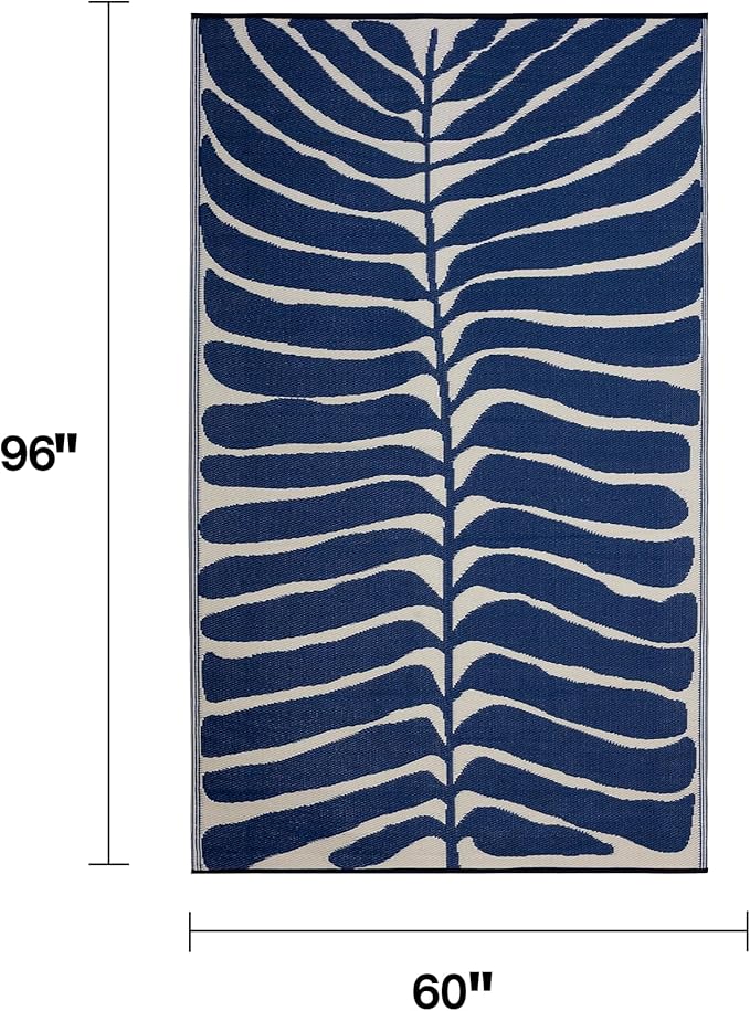 Fab Habitat Tropical Botanical Floral Outdoor Rug - Waterproof, Crease-Free Fade Resistant, Reversible - Recycled Plastic - Patio Porch Balcony Deck Yard Garden - Hilo Navy - 5x8 ft