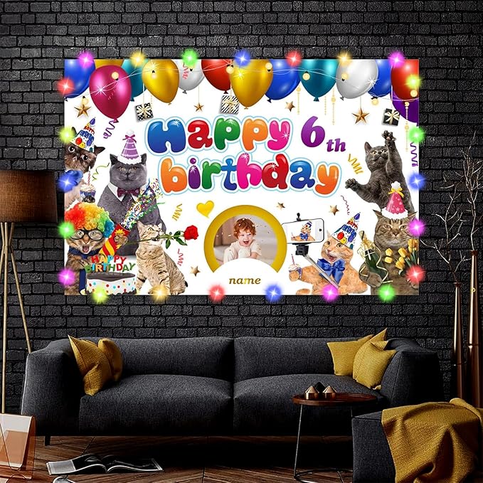 Dicodes Custom Cat Birthday Decorations,Personalization Cat Themed Birthday Party Supplies,Cat Theme Happy Birthday Banner Background, 4x6ft/5x7.5ft/6x9ft/7x10.5ft/8x12ft