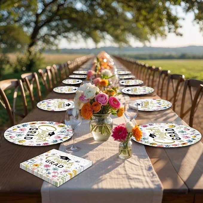 100 Pcs Floral Graduation Party Tableware Set – Disposable “Congrats Grad” Paper Plates and Napkins with Wildflower Design for Graduation Party, School and Home Celebrations – Serves 25